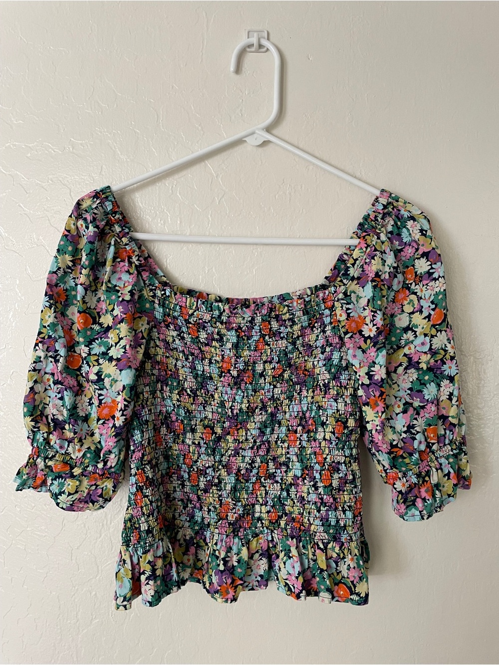 GAP Floral Smocked Puff Sleeve Top - Green, Purple, Orange